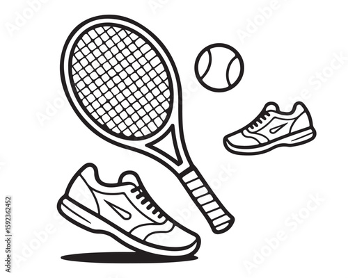 Black and white tennis equipment vector illustration with shoes and ball