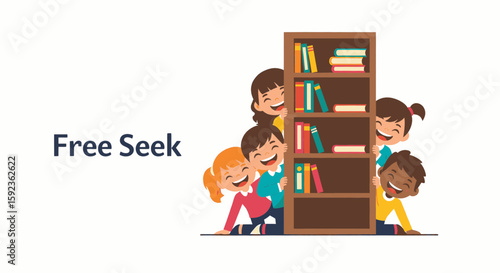 Children playing hide and seek around a bookshelf, smiling and having fun. "Free Seek" text on the left.