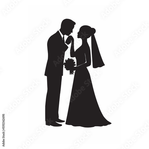 Wallpaper Mural Groom kissing bride s hand holding bouquet silhouette isolated on white background Torontodigital.ca