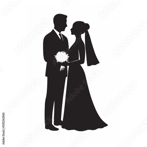 Wallpaper Mural Bride and groom holding flowers silhouette isolated on white background Torontodigital.ca