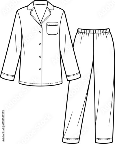 Classic women’s pajama set with button shirt and pants, cad drawing flat vector illustration, front view sleepwear fashion technical sketch