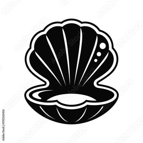 Stylized black and white open seashell with pearl