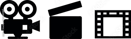 Three black film industry icons including a vintage movie camera clapperboard and film strip isolated on white background