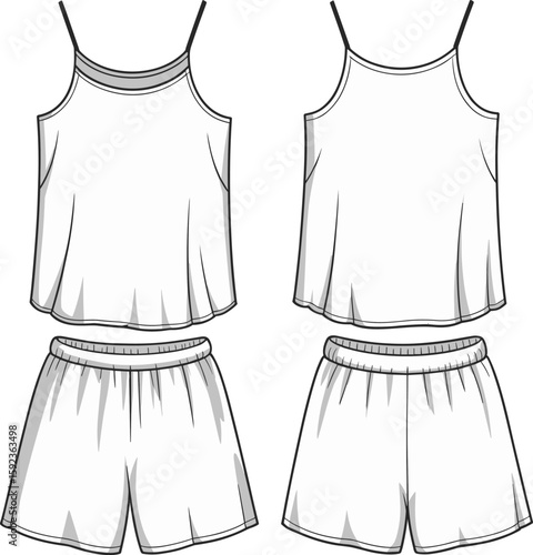Women's camisole and shorts pajama set, front and back views, cad drawing flat vector illustration, sleepwear fashion template, technical flats sketch