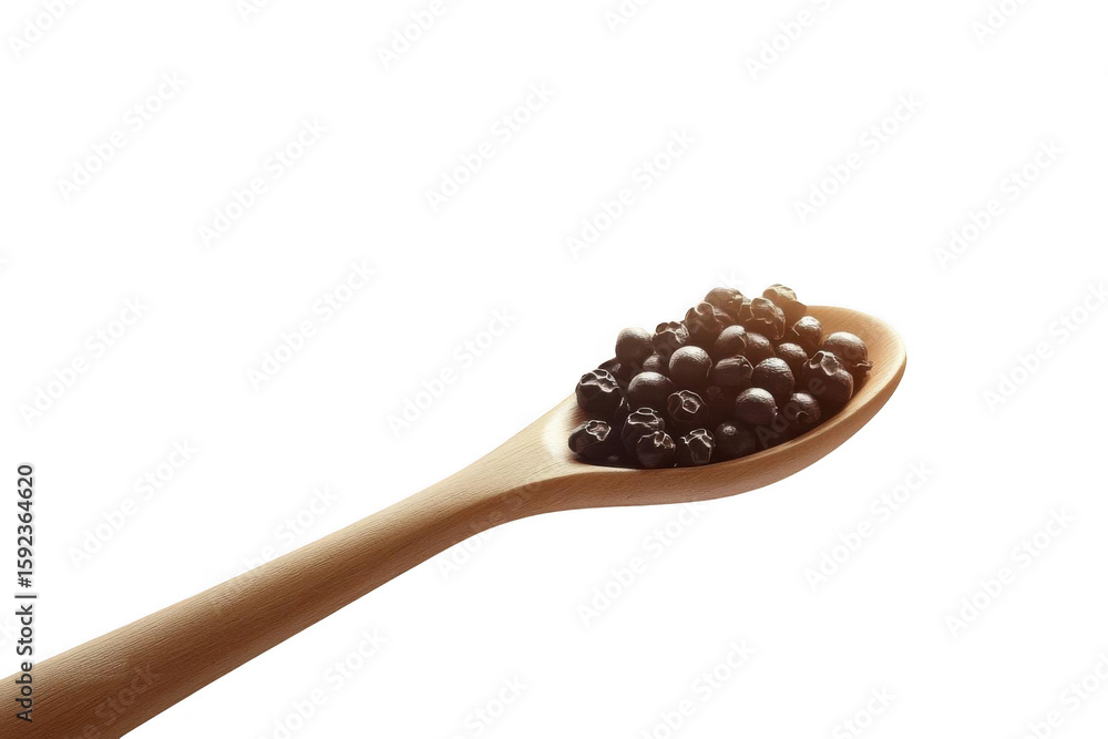 Fototapeta premium Black Peppercorns Pile on Wooden Spoon with Dark, Sharp Flavor Concept