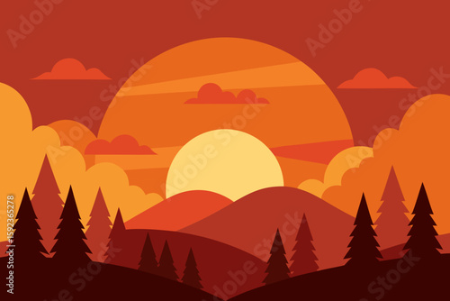 sunset above autumn forest
