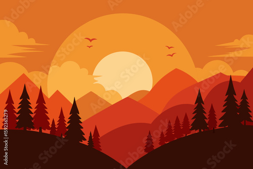 sunset above autumn forest