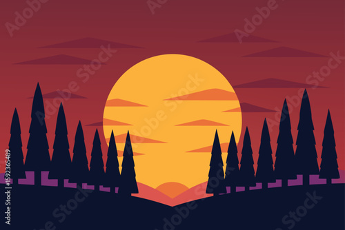 sunset among cypress trees