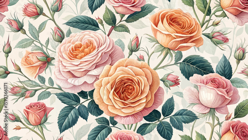 Vector seamless illustration of Juliet rose for printing on fabric or wallpaper.