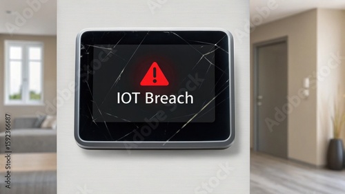A cracked smart home device screen displays a red warning triangle and the message 