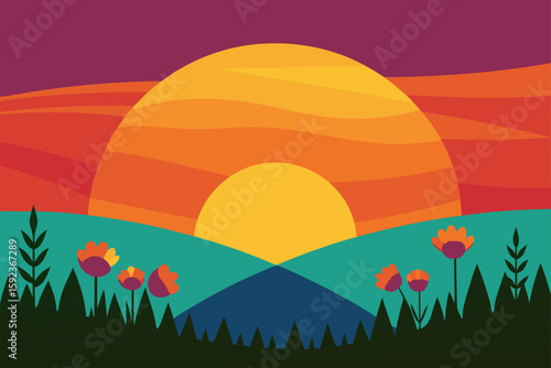 sunset over wildflower meadow