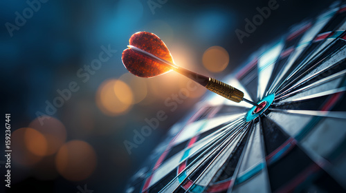 An close up of a dartboard where a luminous dart strikes the bullseye with a moody blue background and a soft golden bokeh glow symbolizing sharp focus and achievement. bullseye glare. Illustration