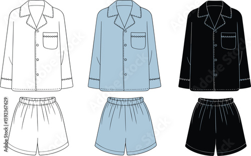 Women’s pajama set cad drawing flat vector illustration front view of button shirt and shorts sleepwear fashion flat clothing sketch