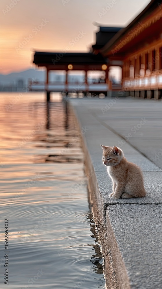 Obraz premium A charming orange cat sits at the edge of an ancient structure, admiring the serene sunset and lush surroundings in the twilight