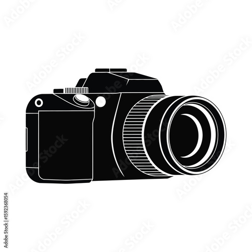Black silhouette of a modern digital camera with lens