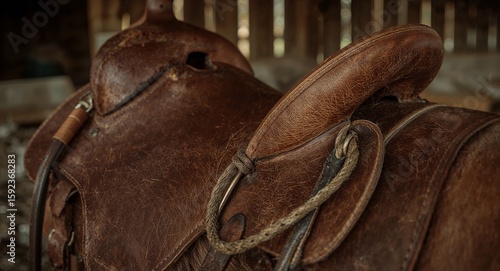 Wallpaper Mural A close up view of a worn brown leather western saddle with rope and wooden slats behind it Torontodigital.ca