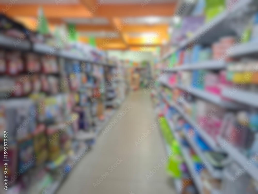 Fototapeta premium Blurry image of a supermarket aisle with shelves full of products. An abstract retail background for business, shopping, supermarket concepts, or consumer markets.
