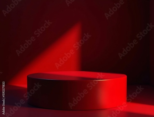 Minimalist red pedestal illuminated by dramatic spotlight and shadow