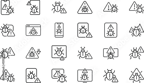 Cybersecurity Icons Collection Featuring Hacking, Malware, Phishing, Secure Login, Data Protection, and Virus Alert Symbols in a Modern Line Style