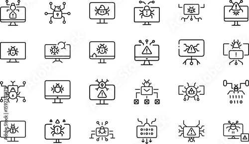 Cybersecurity Icons Collection Featuring Hacking, Malware, Phishing, Secure Login, Data Protection, and Virus Alert Symbols in a Modern Line Style