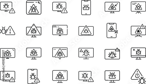 Cybersecurity Icons Collection Featuring Hacking, Malware, Phishing, Secure Login, Data Protection, and Virus Alert Symbols in a Modern Line Style