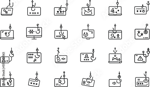 Cybersecurity Icons Collection Featuring Hacking, Malware, Phishing, Secure Login, Data Protection, and Virus Alert Symbols in a Modern Line Style