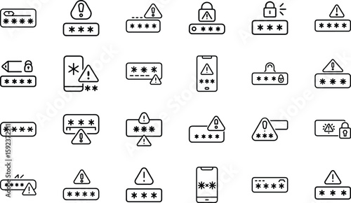 Cybersecurity Icons Collection Featuring Hacking, Malware, Phishing, Secure Login, Data Protection, and Virus Alert Symbols in a Modern Line Style