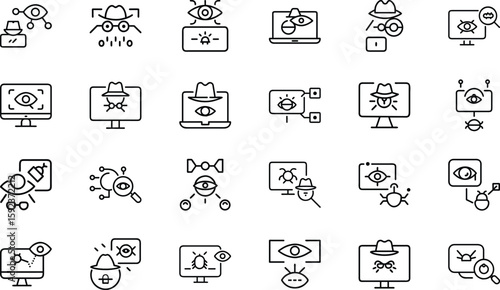 Cybersecurity Icons Collection Featuring Hacking, Malware, Phishing, Secure Login, Data Protection, and Virus Alert Symbols in a Modern Line Style