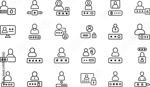 Cybersecurity Icons Collection Featuring Hacking, Malware, Phishing, Secure Login, Data Protection, and Virus Alert Symbols in a Modern Line Style