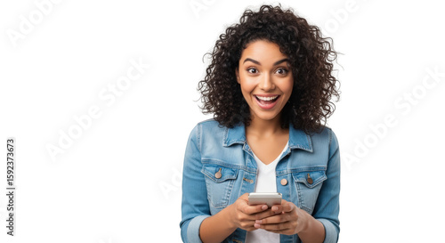 A excited woman holding smartphone and smiling. featuring woman, female, person. This image is ideal for use in various financial contexts.