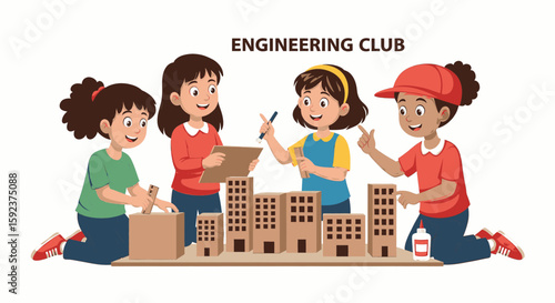 Girl's engineering club collaboratively builds a cardboard city model.
