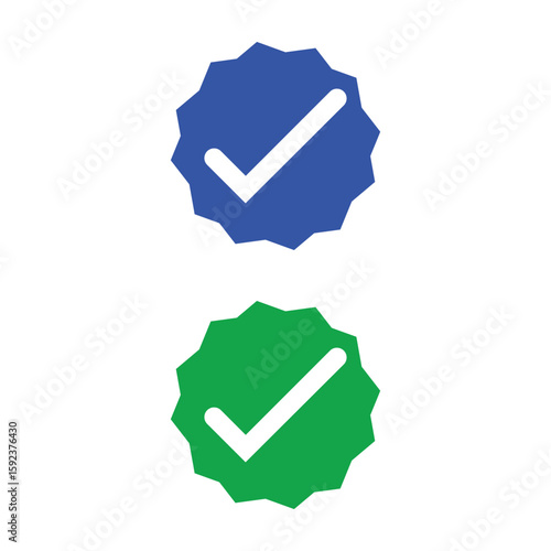 green and blue check mark, white tick in blue and green circle, valid seal icons