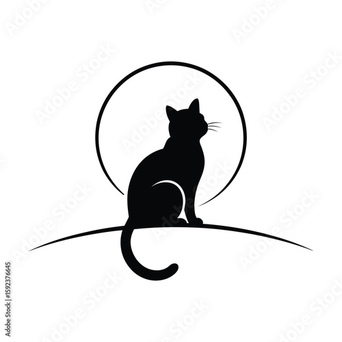 Silhouette of a black cat sitting in front of a large full moon