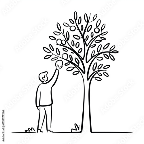 Man reaching for fruit on a tree in a simple line drawing