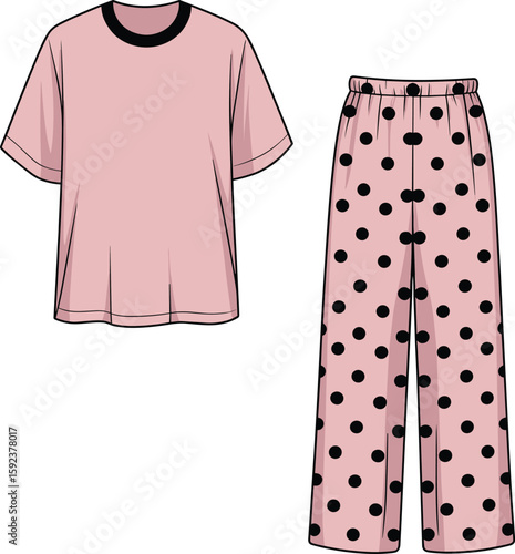Pajama set cad drawing flat vector illustration, pink shirt with short sleeves and polka dot pants, sleepwear fashion look, nightwear template