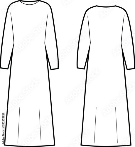 Modest long sleeve dress cad drawing flat vector illustration, front and back garment view, technical fashion template, minimalist design sketch layout