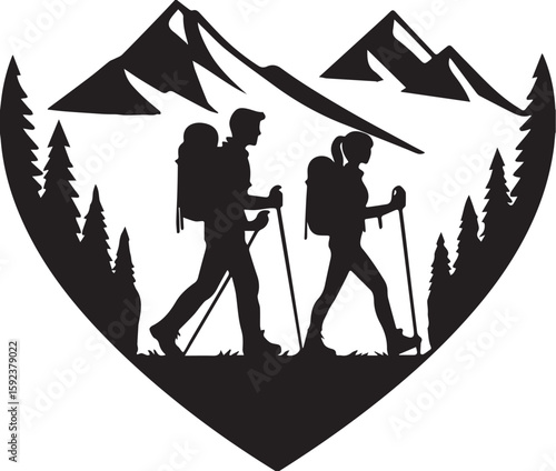 Print Couple hiking together with backpacks and poles in a mountain landscape silhouette