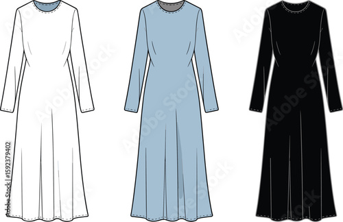Long sleeve modest dress cad drawing flat vector illustration, technical garment sketch, front view fashion template with seams, fitted bodice shape