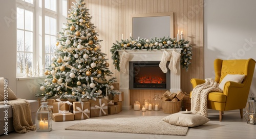 Festive interior with decorated Christmas tree and fireplace