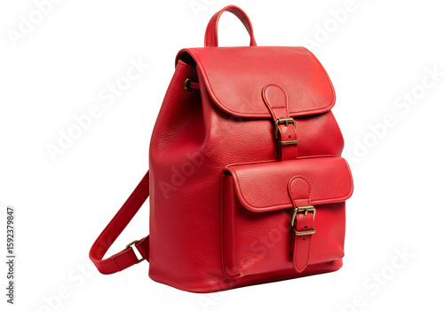 Red leather backpack with buckles on a black background