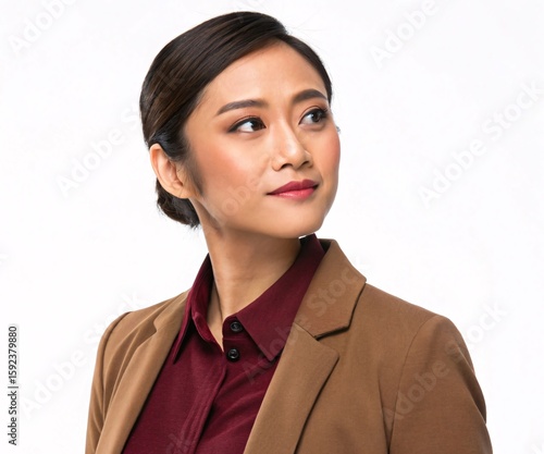 Portrait of a Young Professional Woman in a Brown Blazer and Maroon Shirt Looking to the Side with a Confident Expression