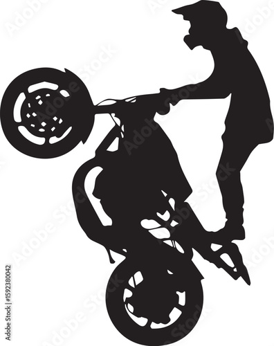 Print Motorcyclist performing a wheelie trick on a dirt bike silhouette