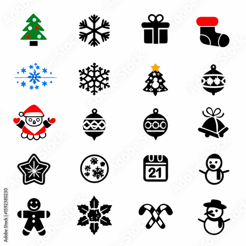 Christmas Symbols in Black Silhouette Vector Style