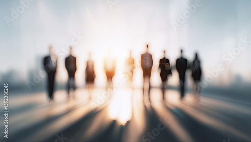 Blurry group of business people walking towards the sunrise