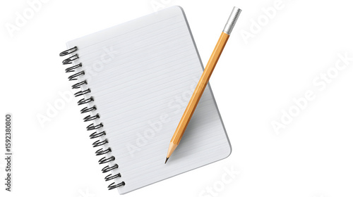 Minimal notepad with pencil placed diagonally, sketchpad style, on isolated transparent background