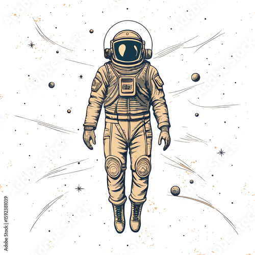 An illustration shows a floating astronaut in a spacesuit surrounded by space elements.
