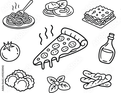 Delicious italian food illustrations featuring pizza pasta lasagna and more