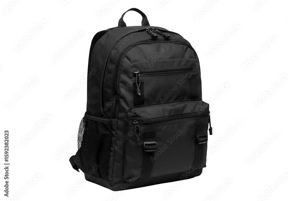 Naklejka premium Black backpack eyelevel view multipocket design against a plain black background