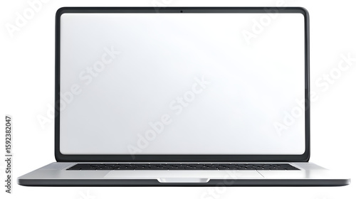 One opened laptop with blank screen, modern angle, on isolated transparent background