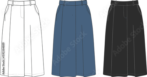 Women’s skirt cad drawing flat vector illustration, front view fashion template with pockets, A-line midi length, technical garment outline sketch